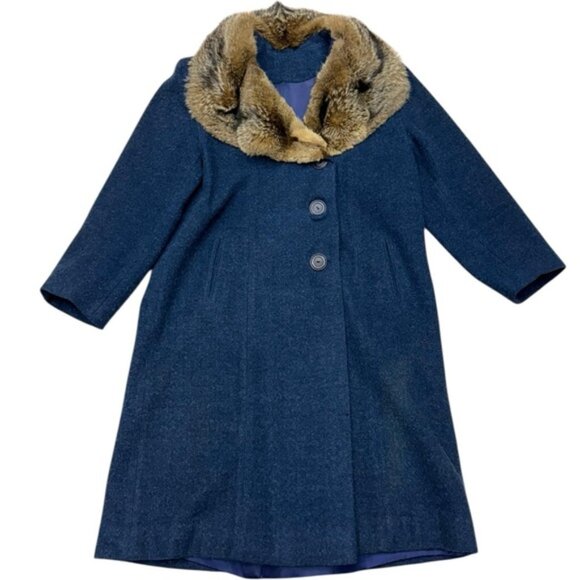 Vintage 1960s Shagmoor Blue Wool Coat with Fox Fur Collar Size 10/12  Winter - Picture 16 of 16